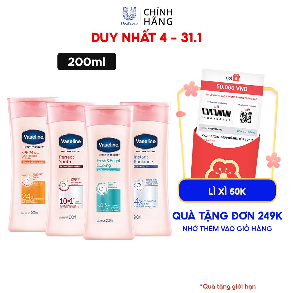 Sữa dưỡng thể Vaseline dưỡng da sáng khỏe mịn màng 200ml