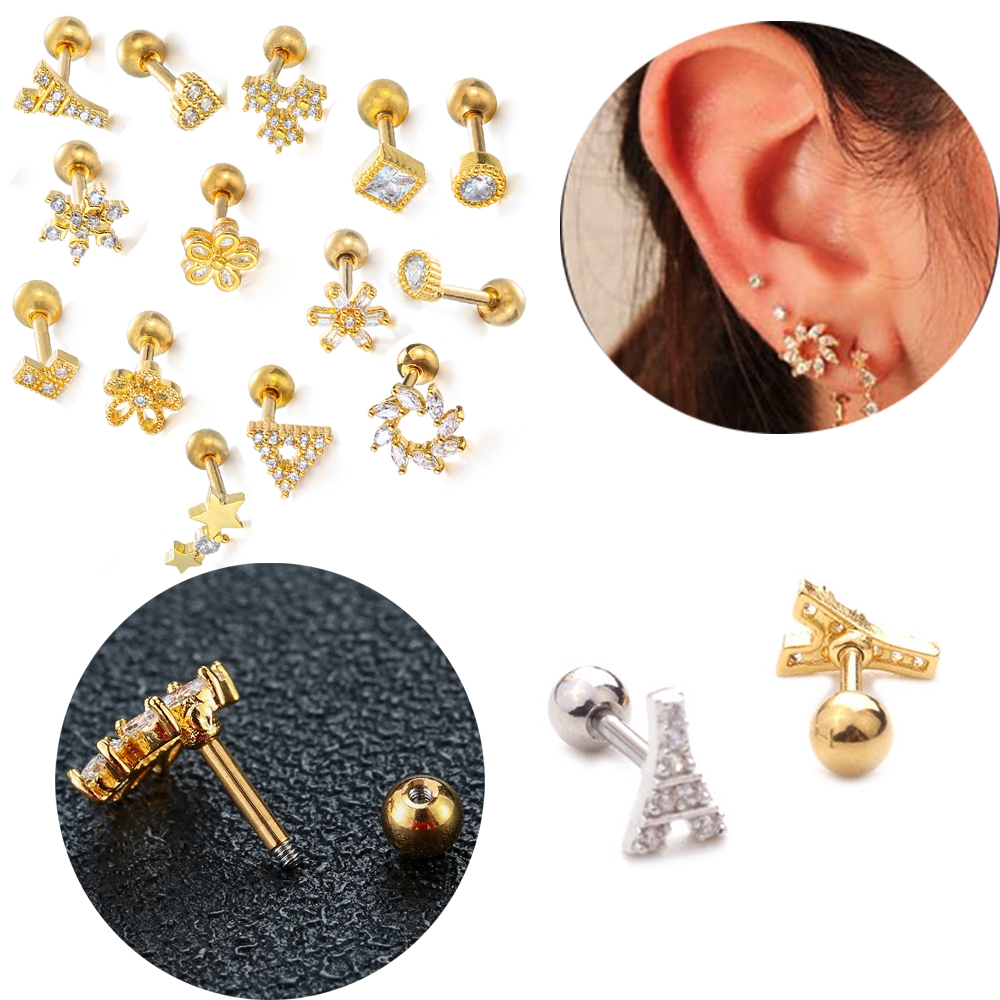 Bông tai dạng xỏ hình bông hoa tháp Eiffel đính đá zircon thời trang