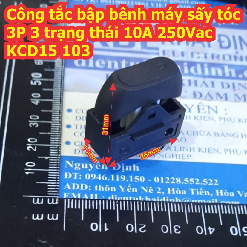 3 cái Công tắc bập bênh máy sấy tóc 3P 3 trạng thái 10A 250Vac KCD15 103 màu đỏ / xanh lá kde7955