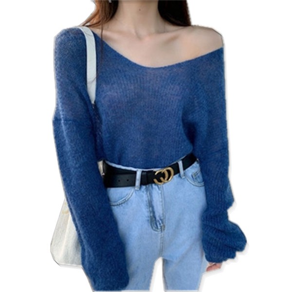 Áo len SUXI cho nữ tay dài cổ chữ V màu trơn thanh lịch