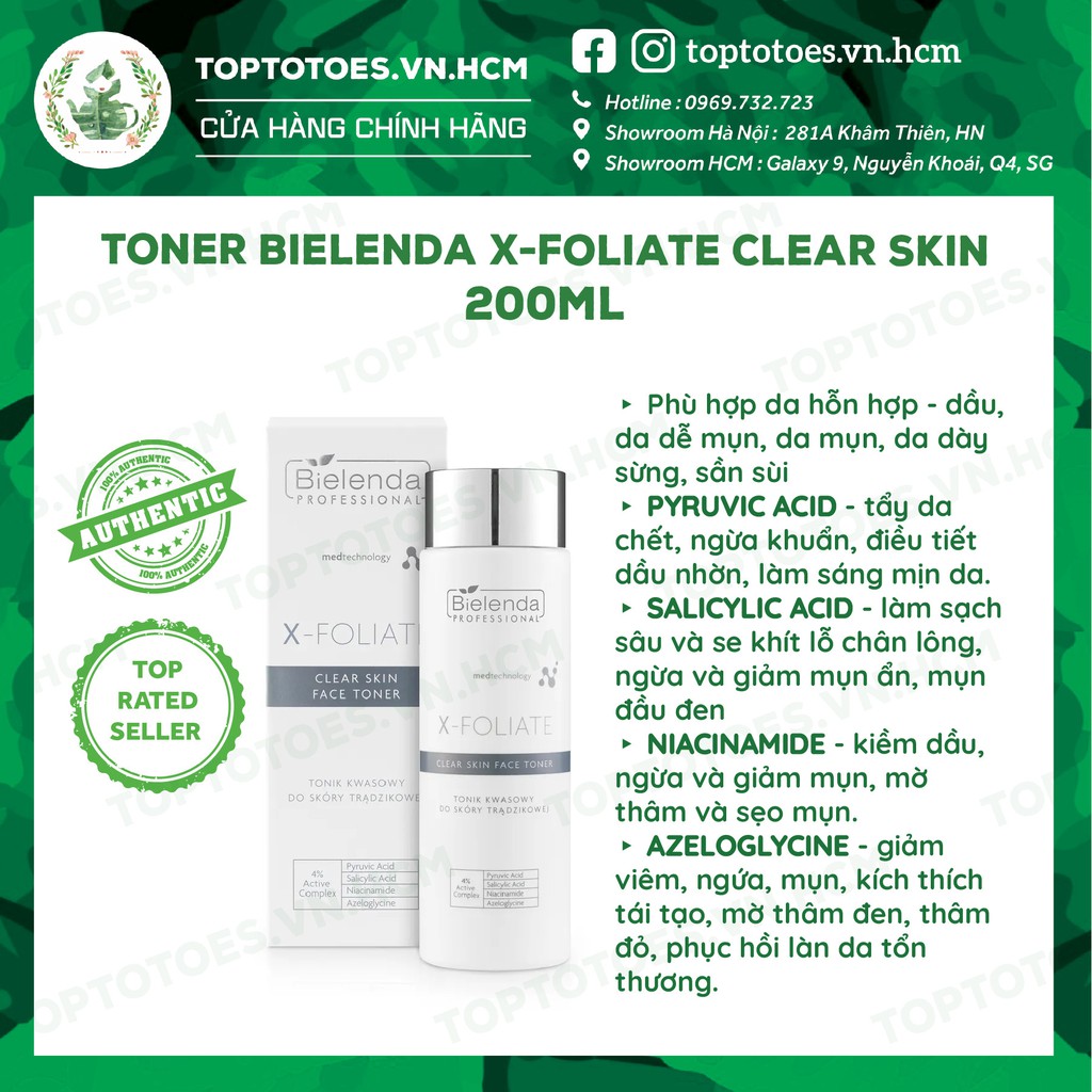 Toner giảm mụn Bielenda Professional X-Foliate Clear Skin with Acids 200ml làm sạch, ngừa viêm, giảm mụn