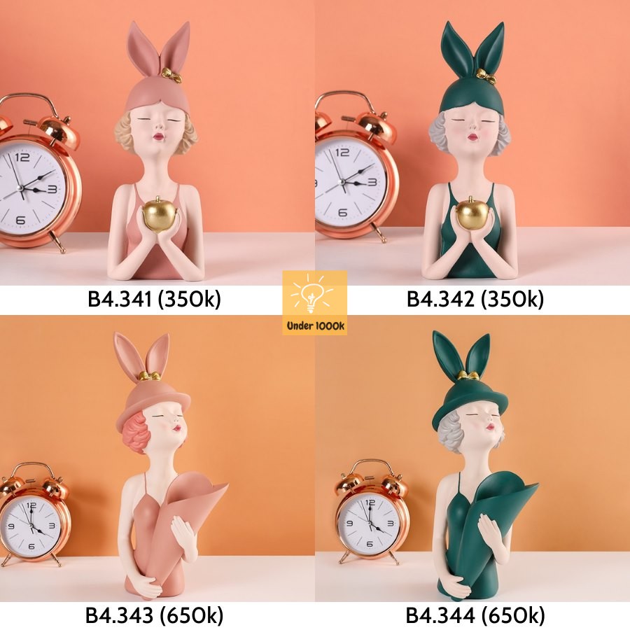 Tượng trang trí - tượng decor - hình cô gái đội mũ tai thỏ cực xinh xắn - màu xanh và hồng