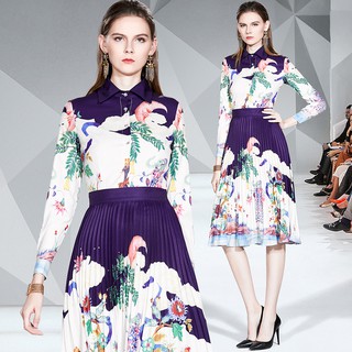 Autumn Fashion Printed Turn Down Collar Long Sleeve Elegant Dresses Slim Midi Dress Single Breasted
