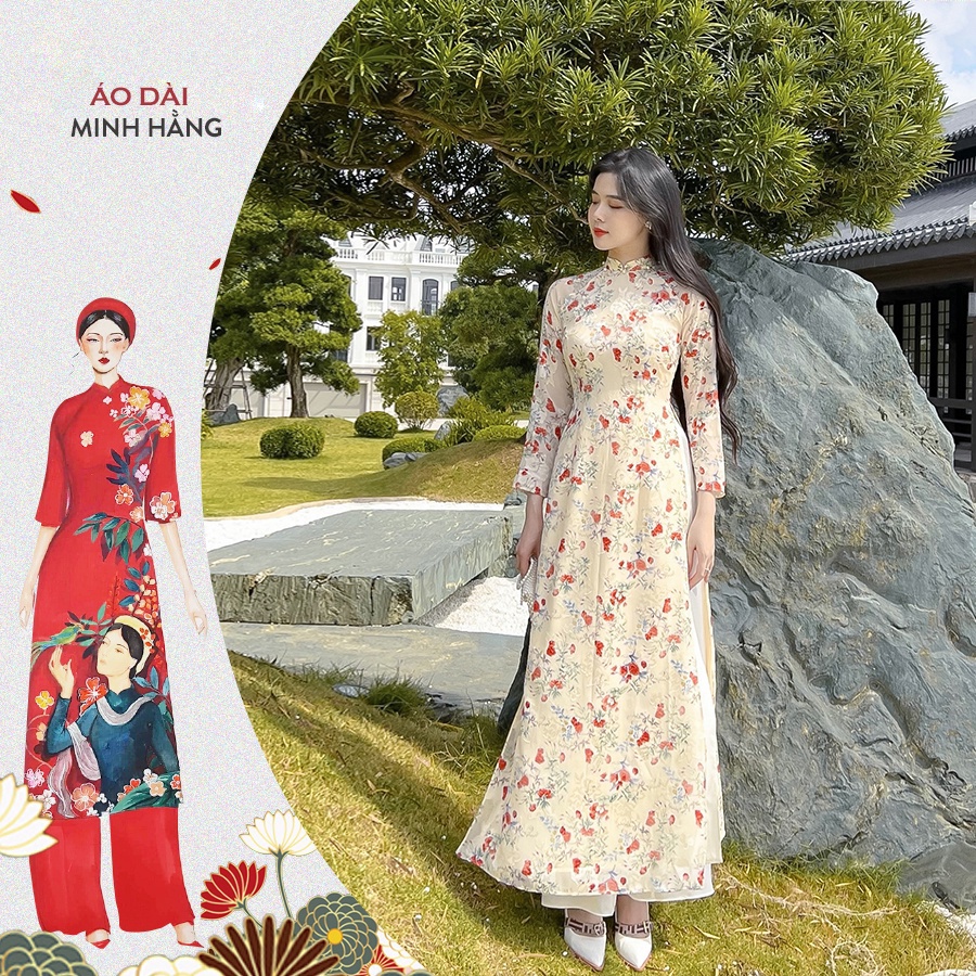 Áo Dài Hoa Nhí Cách Tân Truyền Thống Hồng Da Đô May Sẵn Lụa Tơ 4 Tà Nữ Tính Thiết Kế Hiện Đại_Áo Dài Minh Hằng