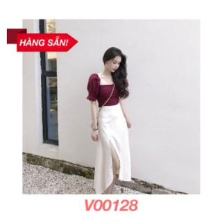 Áo Tay Bồng Cổ Vuông Dáng Lửng Mix Kèm Chân Váy Trắng Xẻ Tà Dáng Dài Siêu Xinh
