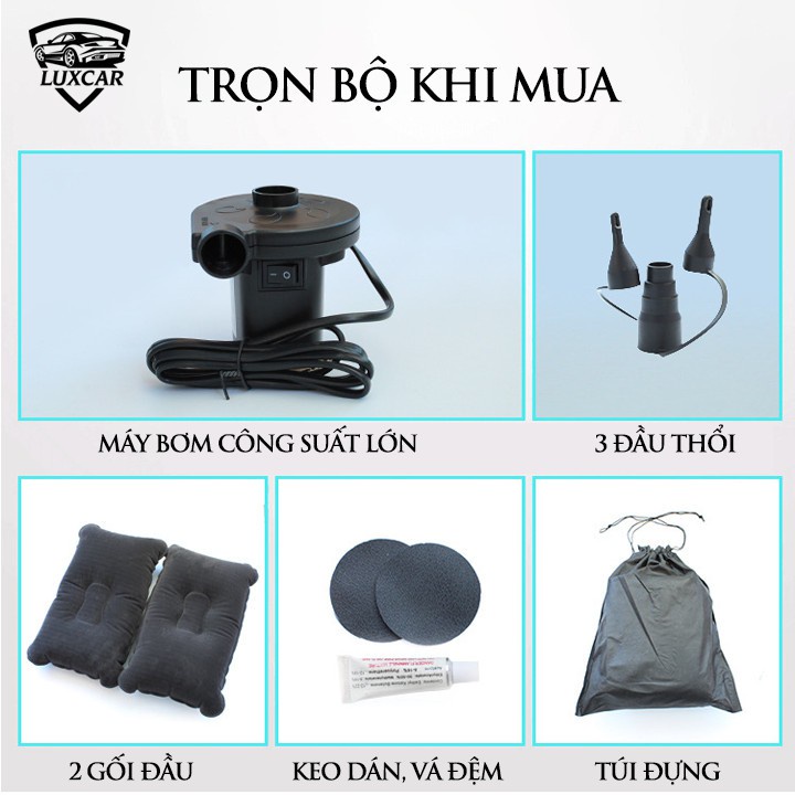 Đệm hơi ô tô, nêm hơi cho xe ô tô cao cấp, loại dày dặn, Tặng kèm bơm điện 2 gối và miếng vá dự phòng