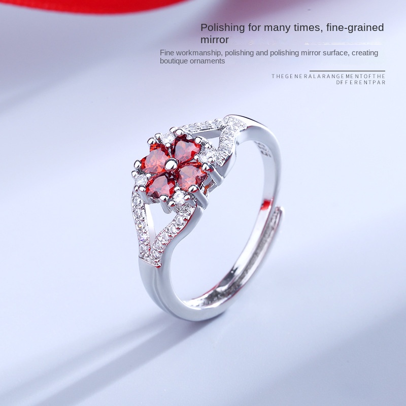 Bộ Vòng cổ + Bông Tai + Nhẫn Hình Cỏ Bốn Lá Đỏ Đính Đá Zircon Mới