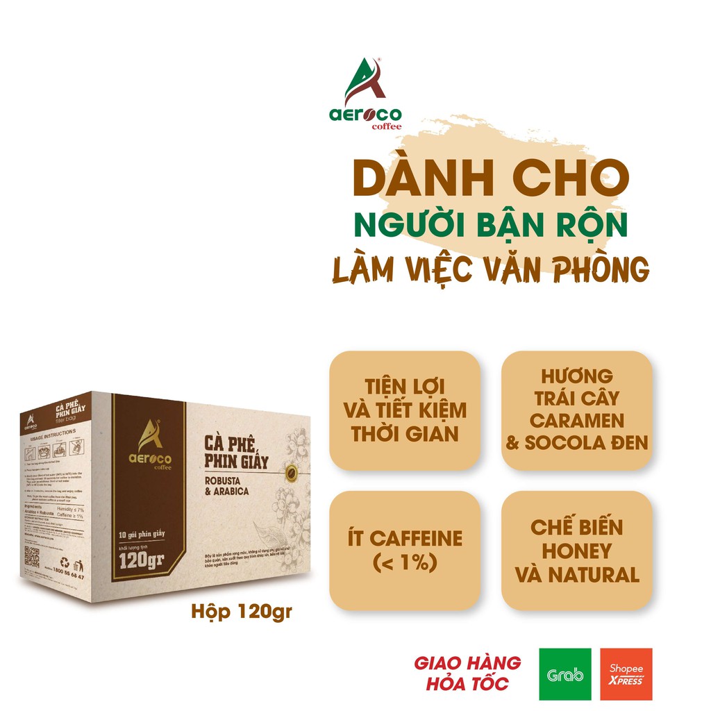 VoucherXtra5%_Cà phê phin giấy AEROCO COFFEE nguyên chất 100%, rang mộc hậu vị ngọt thơm quyến rũ, cafe túi lọc hộ