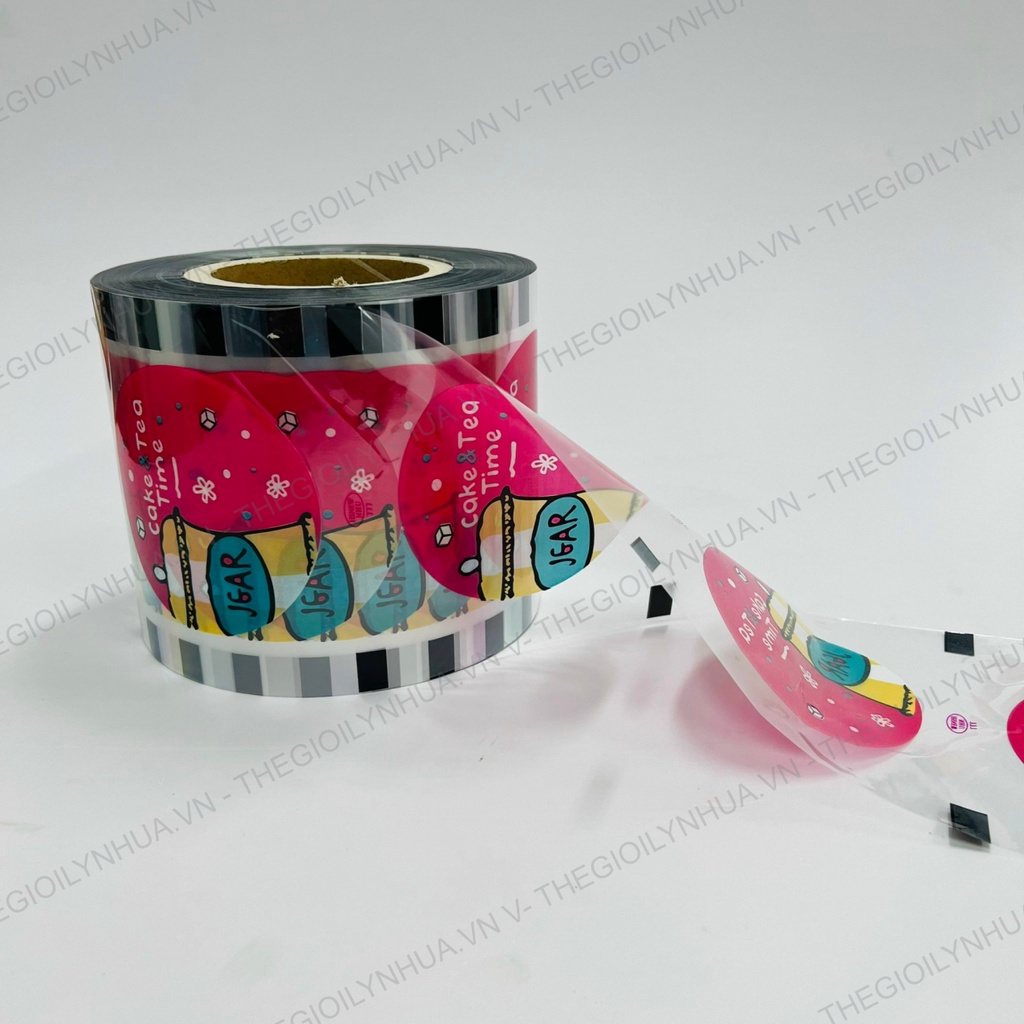 Màng dập ly nhựa, cuộn keo ép ly nhựa, màng ép ly trà sữa in sẵn từ 300ml đến 700ml hiệu HS NEW đủ 2400 ly/cuộn Tea Cake