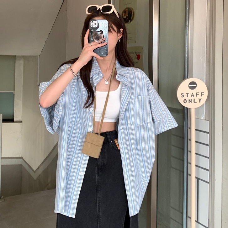 Áo Sơ Mi Tay Ngắn Họa Tiết Sọc Thời Trang Phong Cách vintage Cho Nữ