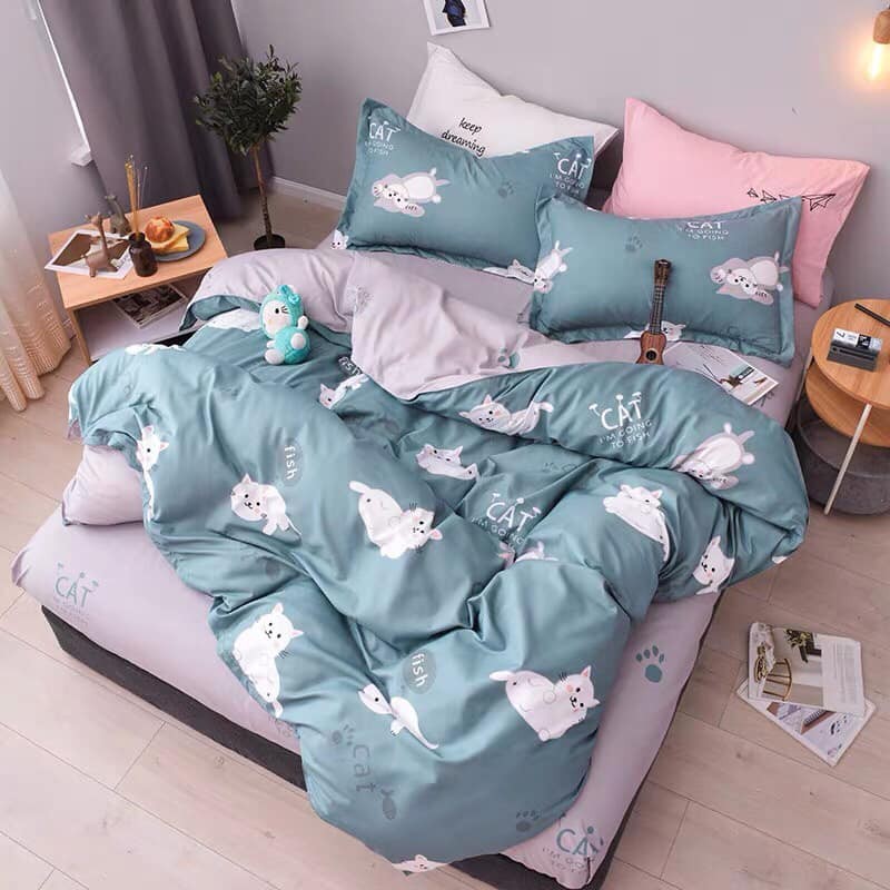 Bộ Vỏ Chăn Ga Gối Cotton 3D✨m6/m8/2m -Tiệm Nhà Mêu✨Set 4 Món Cotton 80% Mèo Xanh Đáng Yêu Cao Cấp Nhập Khẩu