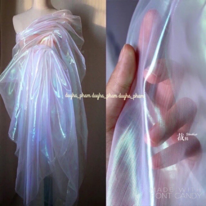 Vải voan kính bóng ánh dạ quang, ánh xà cừ hologram nhiều màu 35k/m