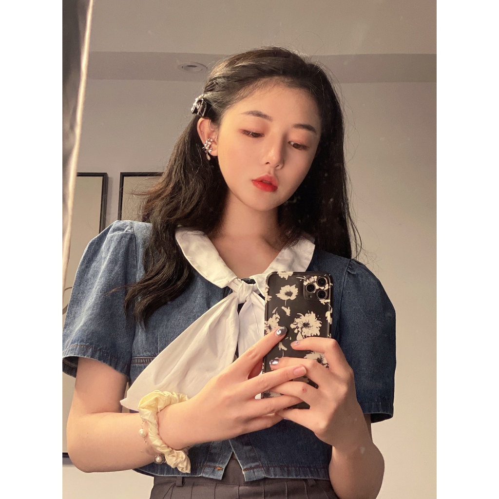 Women's Short Style2021Younger Summer Puff Sleeve Top Doll Collar Korean Style Sense of Design Shirt Denim New