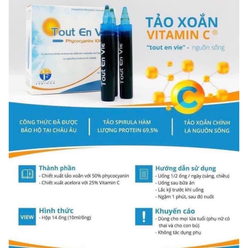 Tảo biển Tout En Vie kèm vitamin C 100mg 14ốngx15ml của Pháp dạng nước với nhiều công dụng dành cho người trưởng thành