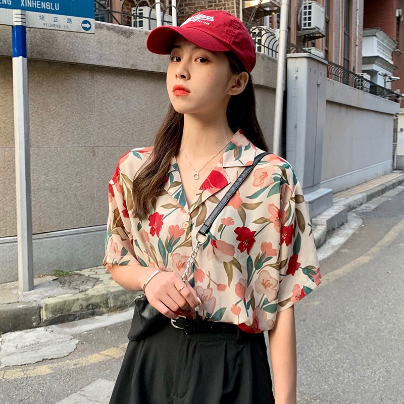 Linki ♡ Áo Sơ Mi Tay Ngắn Dáng Rộng In Hoa Thời Trang Hàn Quốc Cho Nữ