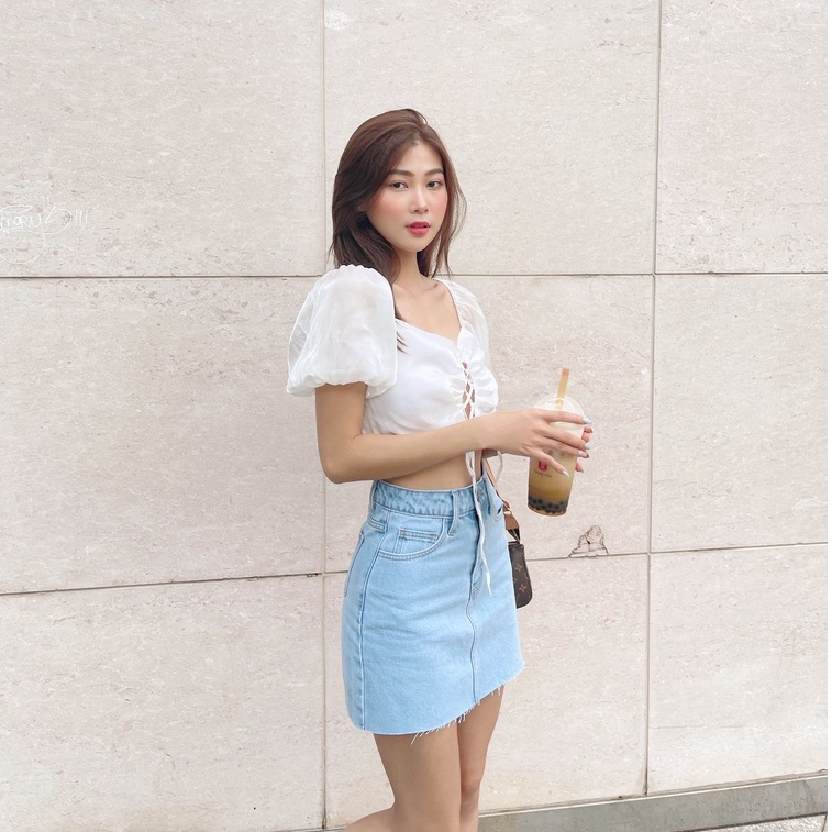 Áo croptop HEYBEE kiểu thắt dây, tay phồng, chất vải Organza mềm mát (2 màu) - JODIE TOP HT685