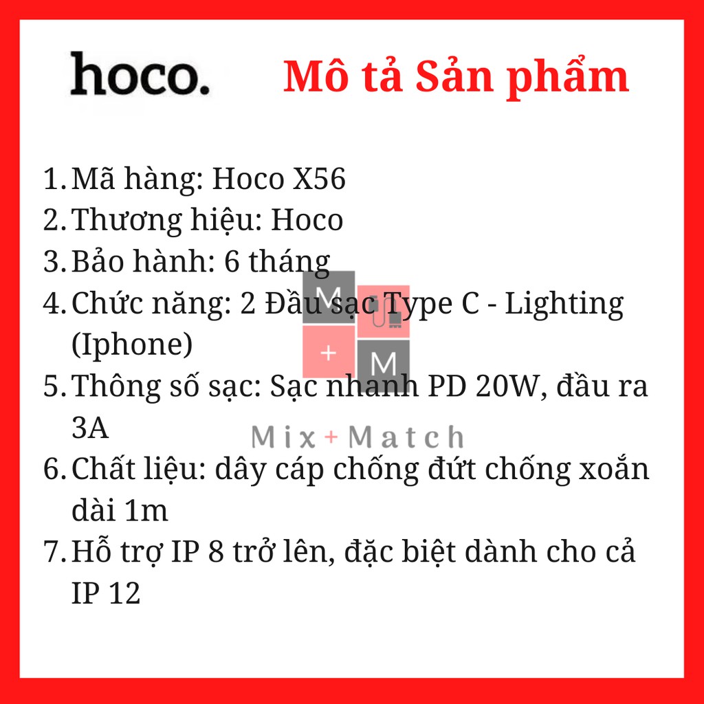 Cáp sạc Nhanh dành cho iPhone HOCO X56 Type-C sang Lightning - Sạc nhanh  PD 20W 3A - Hỗ trợ truyền dữ liệu