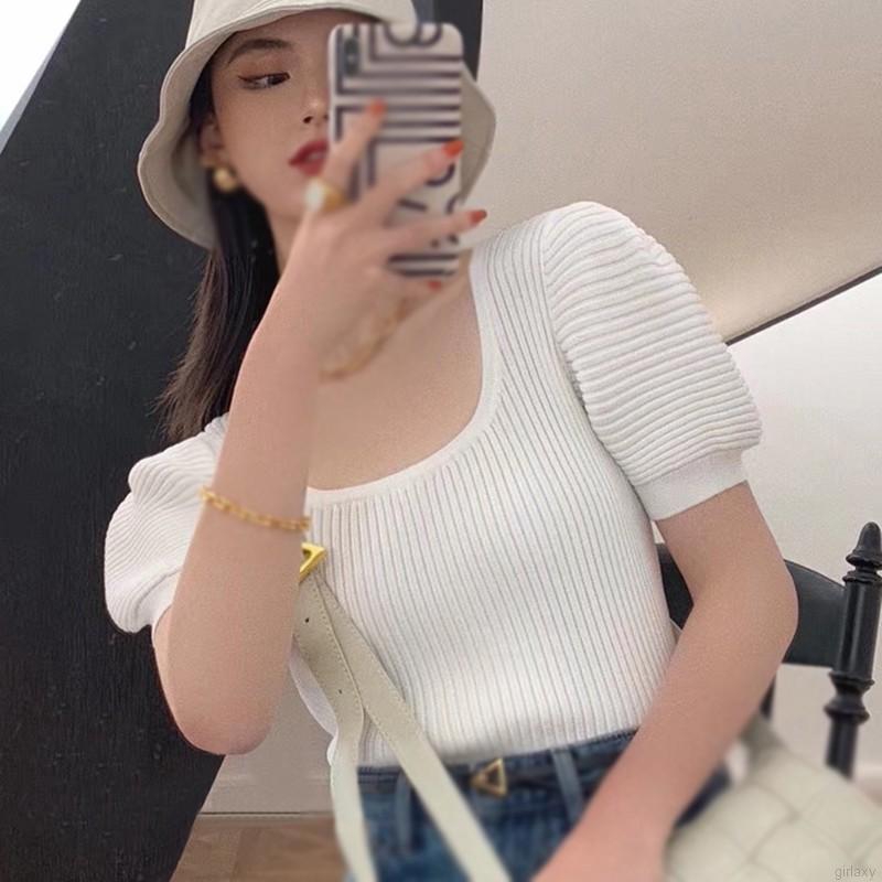 Áo Dệt Kim Tay Ngắn Cổ Vuông Màu Trơn Phong Cách Hàn Quốc