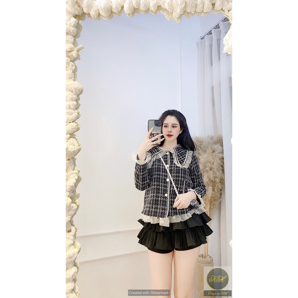 Áo dạ tweed nữ viền bèo cúc ngọc ulzzang Hàn Quốc phong cách tiểu thư