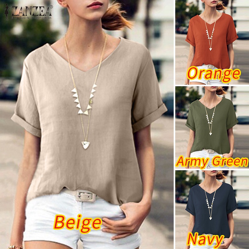 Áo kiểu ZANZEA từ cotton tay ngắn cổ chữ V dáng rộng màu trơn tùy chọn thời trang cho nữ