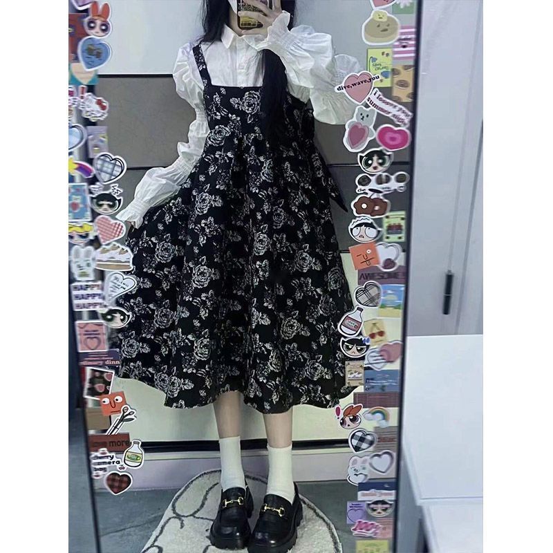 🔥 Set Áo Sơ Mi Dài Tay Và Đầm Dây Họa Tiết Hoa Vintage Dành Cho Nữ