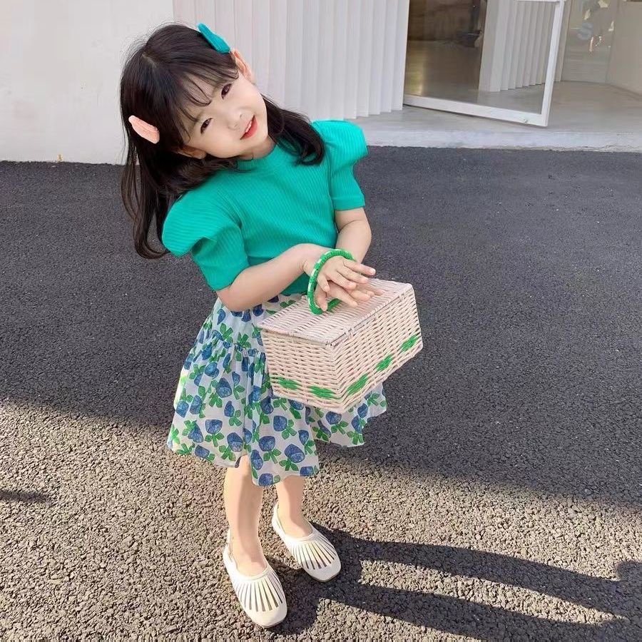 Bộ Áo Thun Tay Phồng + Chân Váy In Hoa Màu Xanh Lá Phong Cách Nhật Bản Hàn Quốc Thời Trang Mùa Hè Hàng Mới Dành Cho Bé Gái 2022