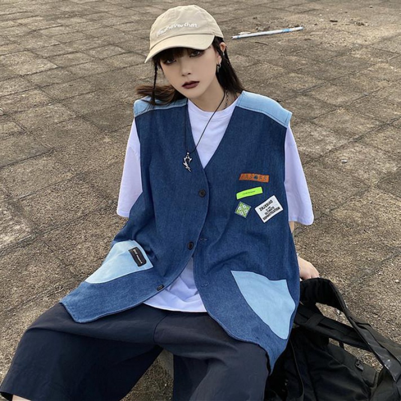 Áo Khoác Ghi Lê Có Túi Màu Sắc Tương Phản Phong Cách retro Cho Nam Nữ