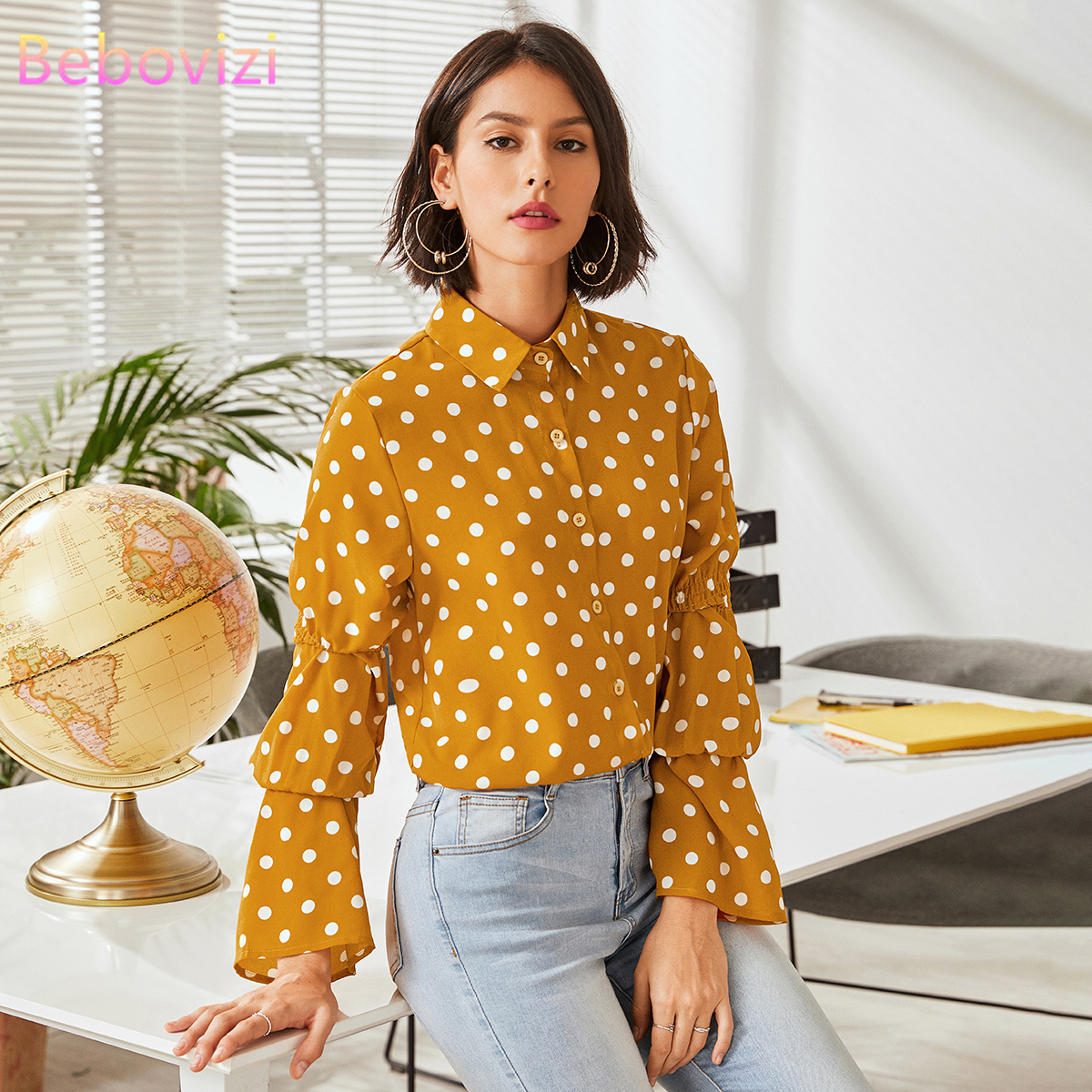 Áo Sơ Mi Chiffon Tay Dài Dáng Rộng Họa Tiết Chấm Bi Màu Vàng Phong Cách Retro Thanh Lịch Mới Size L-3xl Cho Nữ