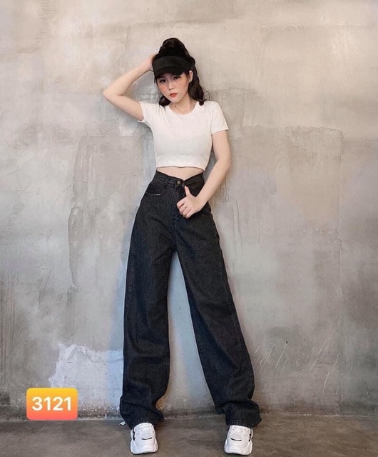 QUẦN JEAN ỐNG RỘNG NỮ ĐAI CAO ĐEN TRƠN MS116 [CLIP THẬT] [FREESHIP] hàng loại 1, chất vải dày