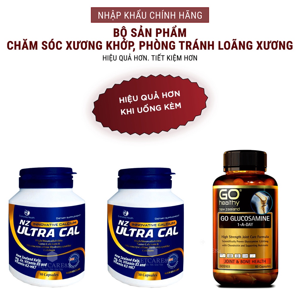 Bộ sản phẩm: Viên uống xương khớp GO GLUCOSAMINE 1-A-DAY và viên uống canxi hữu cơ nano NZ ULTRA CAL