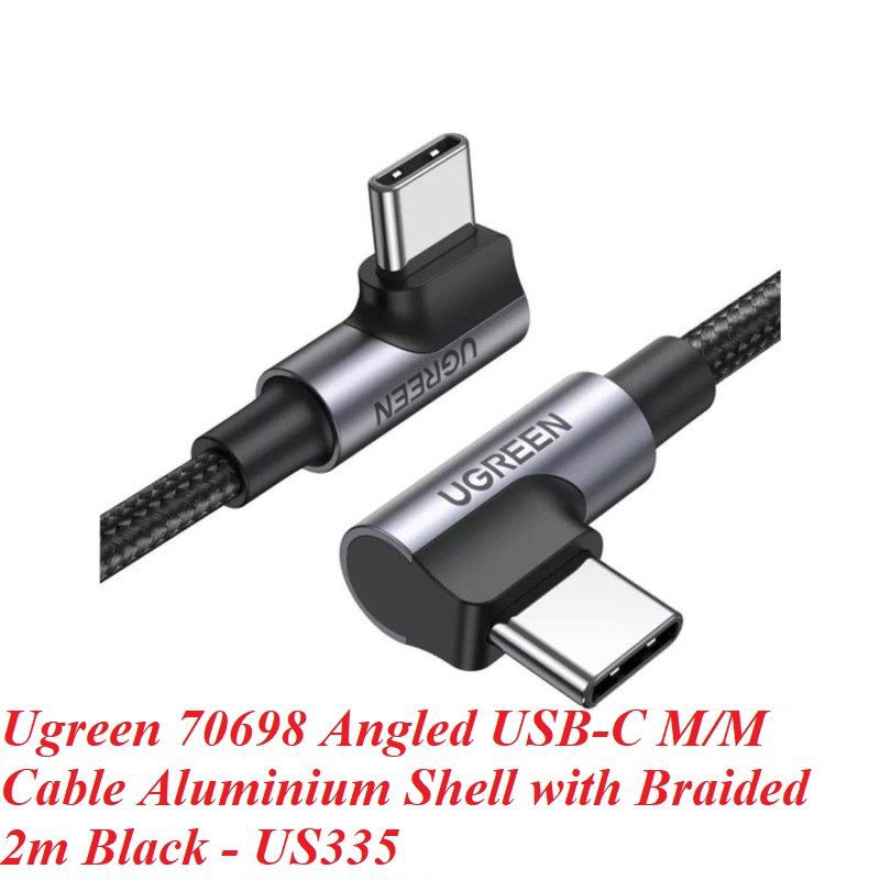 Ugreen 70698 2M 2 đầu bẻ 90 độ vuông góc cáp USB type C màu đen bọc nhôm dây dù chống nhiễu US335