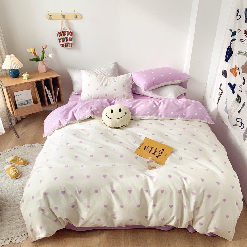 Bộ chăn ga gối cotton poly -mẫu trái tim tím trắng -luis bedding miễn phí bo chun theo kích thước