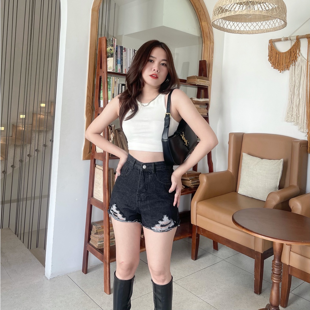 QUẦN JEANS ĐÙI NỮ RÁCH NHẸ LƯNG SIÊU CAO [MK123