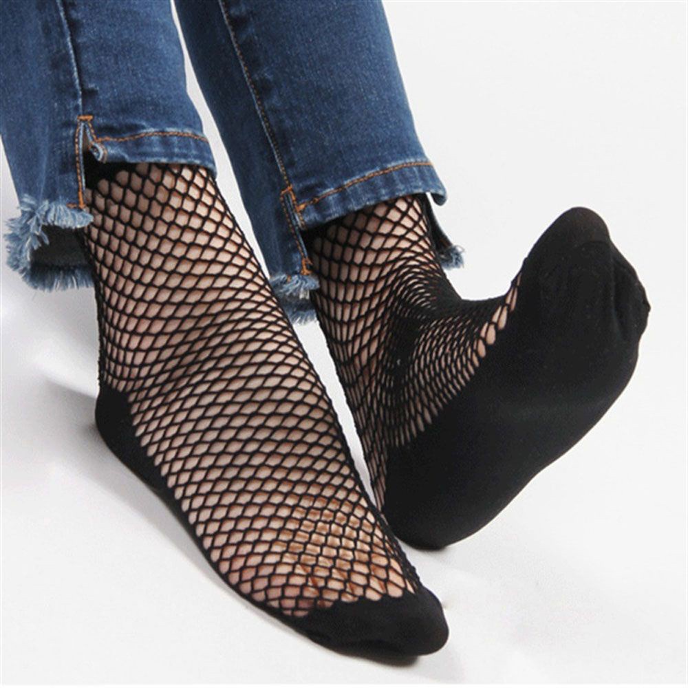 Vớ Lưới Cổ Thấp Màu Đen Trơn Phong Cách Punk Quyến Rũ Cho Nữ