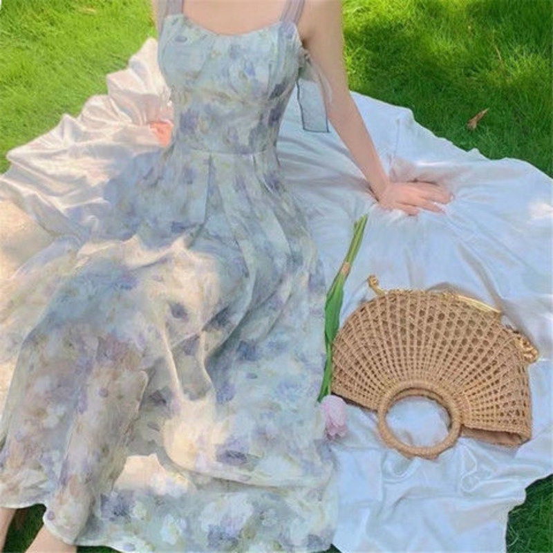 Đầm Dây Phong Cách Hàn Quốc 178545 Đầm Chữ a Dáng Dài Họa Tiết Hoa Xinh Xắn Thời Trang