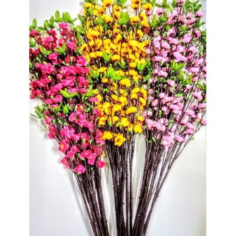 cành hoa đào, hoa mai giả có nụ, lá loại 5 nhánh | Shopee Việt Nam