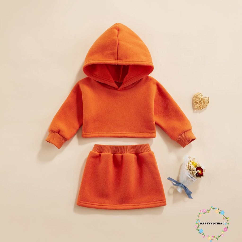 Bộ đồ 2 món gồm áo hoodie tay dài và chân váy lưng co giãn màu trơn thời trang mùa thu cho em bé từ 9 tháng đến 5 tuổi