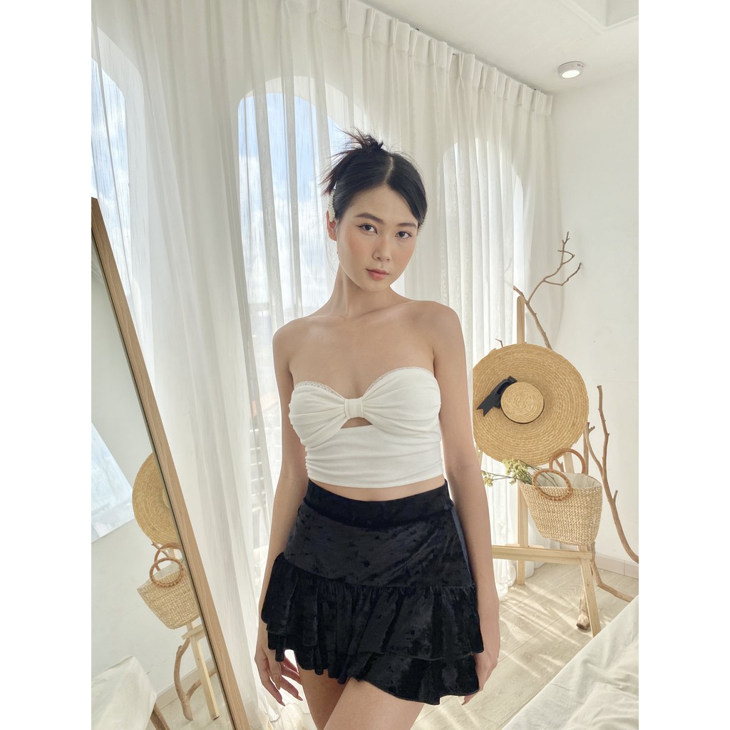 Áo ống nơ nhún ngực viền ren - Bow Tube Top