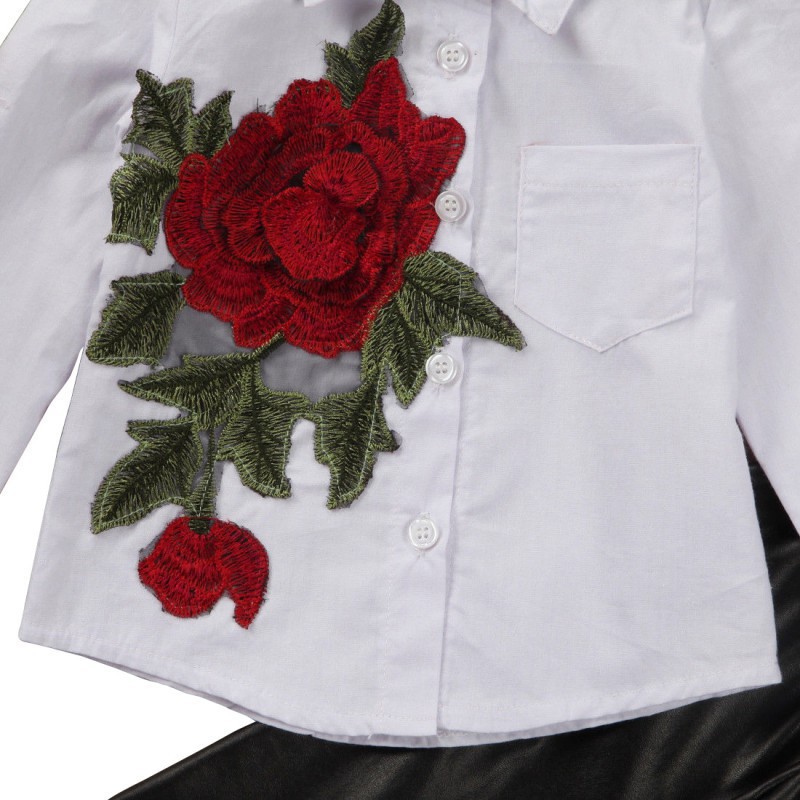 Set áo sơ mi tay dài thêu hoa hồng + quần legging da sành điệu cho bé gái