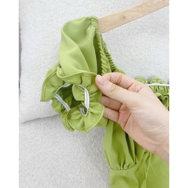 MAXI XANH BƠ RỚT VAI CỔ YẾM CUTOUT LƯNG