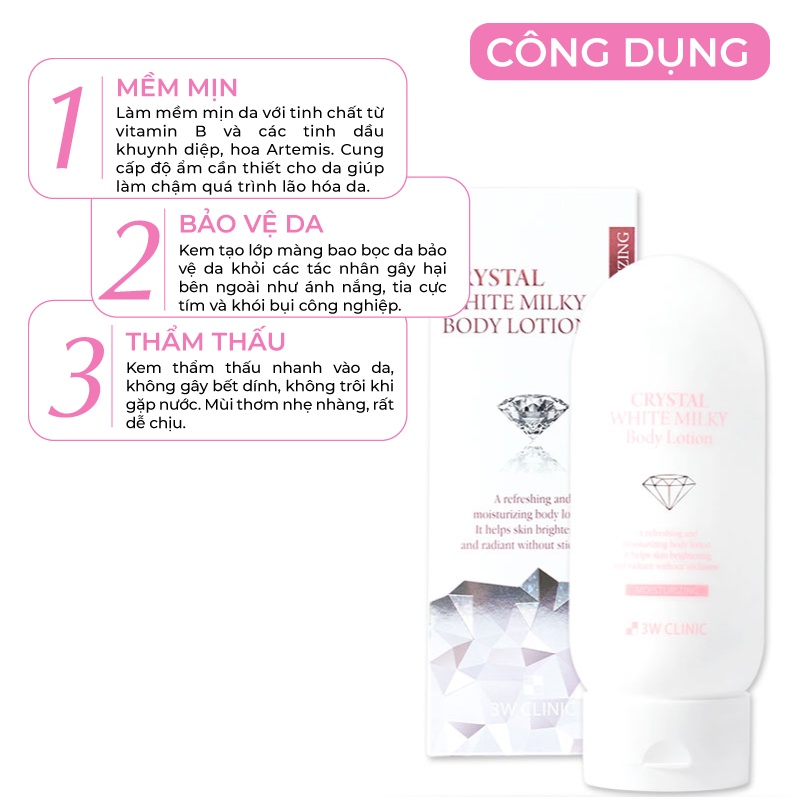 Kem Dưỡng Trắng Da Body Nâng Tone Crystal White Milk Lotion 3W Clinic Hàn Quốc giúp trắng da / dưỡng ẩm 150g