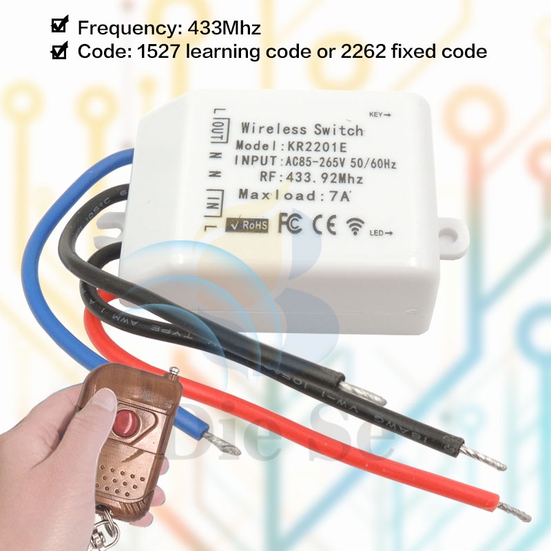 Bộ đầu thu và công tắc không dây DIESE thông minh tần số RF 433MHZ 7A chất lượng cao