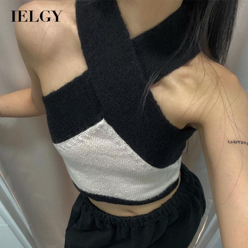 IELGY Áo sát nách nữ cổ yếm chữ V phối màu tương phản đơn giản thời trang