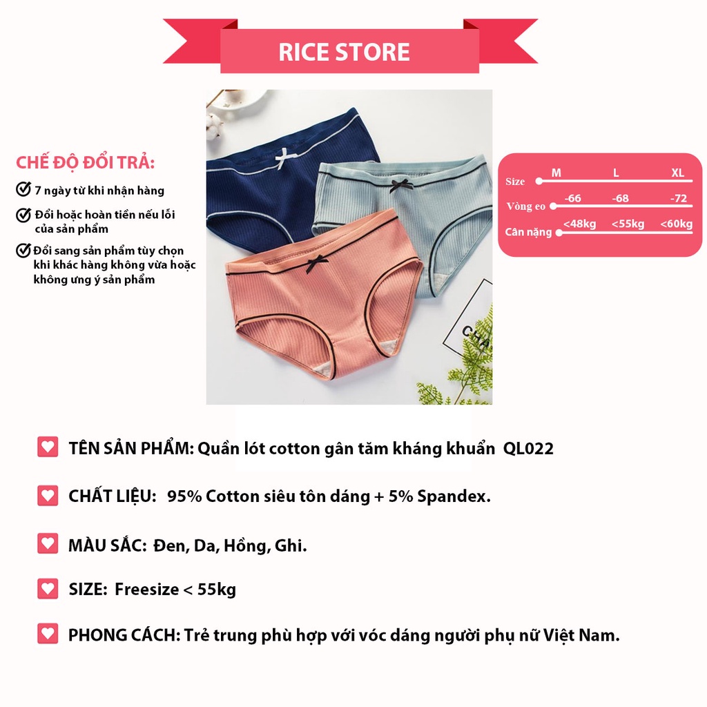Quần lót nữ cotton gân tăm viền đen điệu đà phối viền đen đính nơ xinh KIMCHIBIKINI chip kháng khuẩn thoáng mát QL022