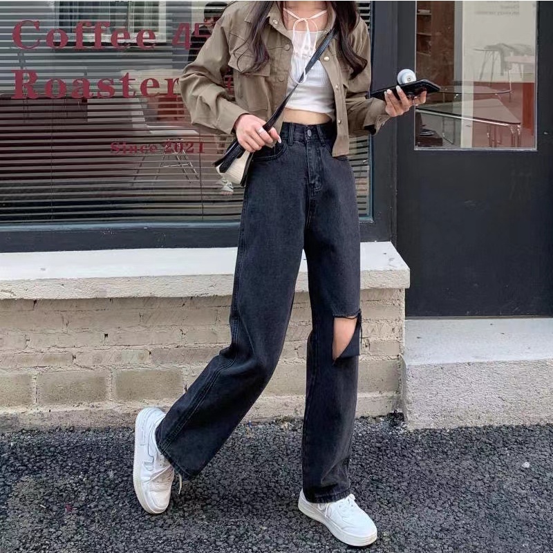 Quần Jeans Nữ Dài Lưng Cao Mài Rách Thời Trang Hàn