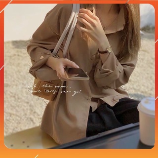 Áo sơ mi nữ form rộng tay dài mầu nâu, trắng, đen, kem, chất lụa đẹp không nhăn, áo somi form rộng nữ đẹp basic, unisex