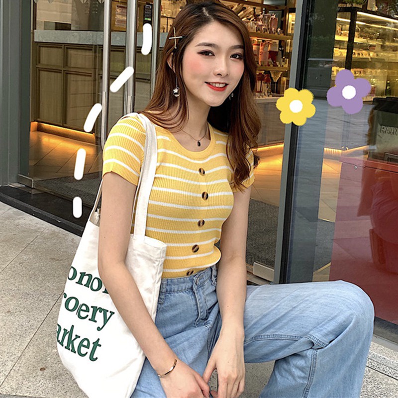 Áo thun tay ngắn dáng ôm họa tiết sọc màu thời trang cho nữ