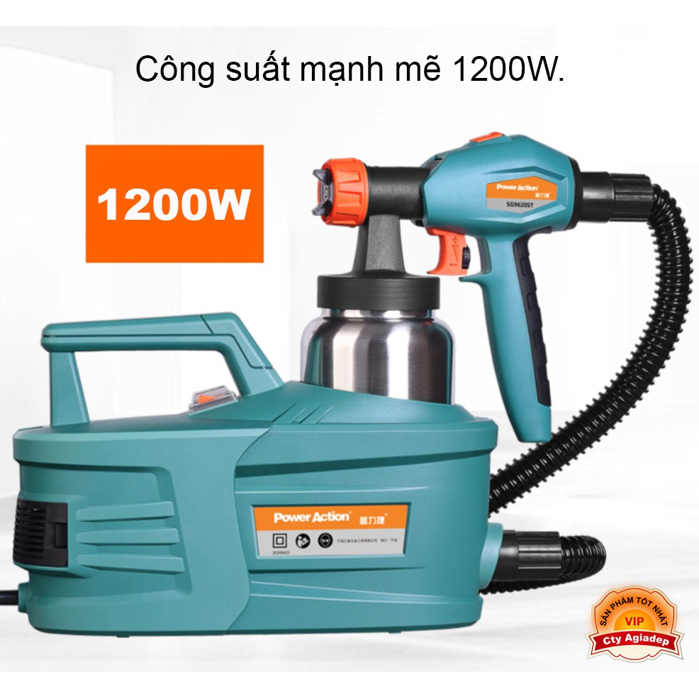 Máy phun sơn siêu xịn PowerAction 1200W Loại to mạnh mẽ (1 Bình kim loại 1 Bình nhựa 4 đầu phun) SG9620ST