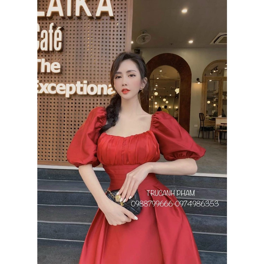 Đầm váy nữ cổ vuông tay phồng ngực xếp ly from dáng xòe sang trọng, quý phái thời trang nữ dự tiệc xinh xắn
