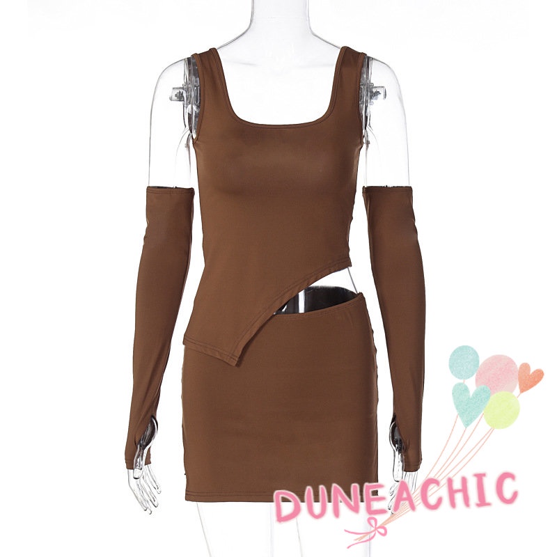 DUNEA Set Áo Tank Top 2 Dây + Chân Váy Màu Trơn Thiết Kế Độc Đáo